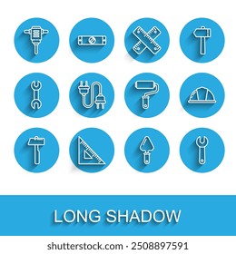 Set line Hammer, Triangular ruler, Electric rotary hammer drill, Trowel, Wrench spanner, plug, Worker safety helmet and Paint roller brush icon. Vector