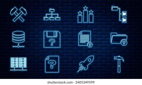 Set line Hammer, Unknown directory, Ranking star, document, Server, Data, Web Hosting, Two crossed hammers,  and Folder tree icon. Vector