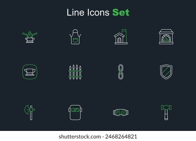 Set line Hammer, Welding glasses, mask, Medieval axe, Shield, Chain link, Classic iron fence and Blacksmith anvil tool icon. Vector
