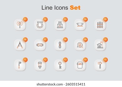 Set line Hammer, Welding mask, Old key, Garden light lamp, Fire poker, Smithy workshop interior, Horseshoe and Chain link icon. Vector