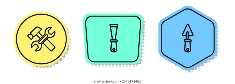 Set line Hammer and wrench, Putty knife and Trowel. Colored shapes. Vector