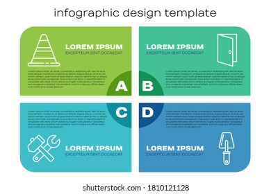Set line Hammer and wrench spanner, Traffic cone, Trowel and Closed door. Business infographic template. Vector