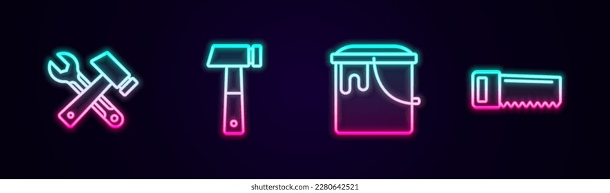 Fijar la línea Martillo y llave franja, cubo de pintura y sierra de mano. Icono de neón brillante. Vector