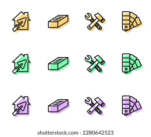 Set line Hammer and wrench spanner, House with trowel, Brick and Color palette guide icon. Vector