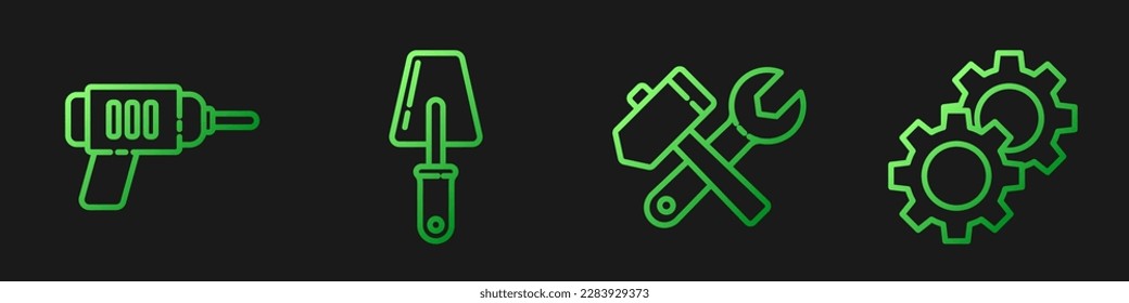 Set line Hammer and wrench spanner, Electric drill machine, Trowel and Gear. Gradient color icons. Vector