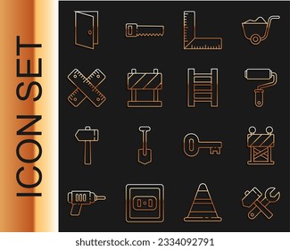 Set line Hammer and wrench spanner, Road barrier, Paint roller brush, Corner ruler, Crossed, Closed door and Wooden staircase icon. Vector