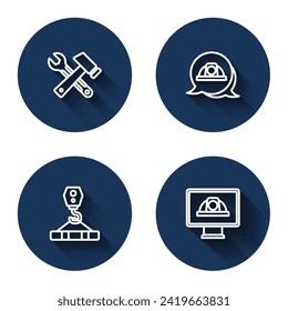 Set line Hammer and wrench spanner, Worker safety helmet, Crane hook and  with long shadow. Blue circle button. Vector