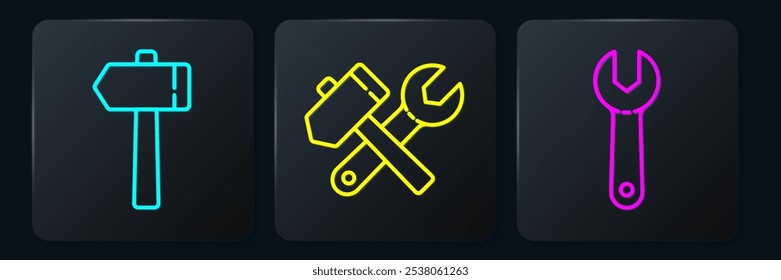 Set line Hammer, Wrench spanner and Hammer and wrench spanner. Black square button. Vector