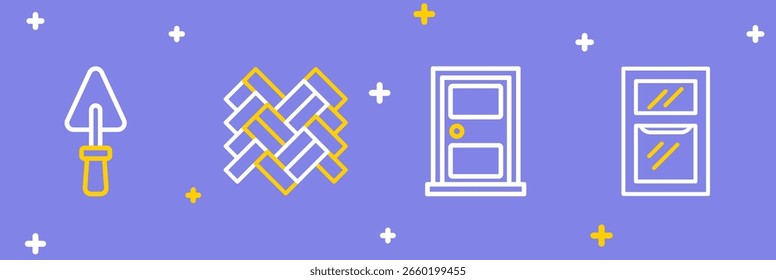Martillo y llave llave, puerta cerrada, parquet y paleta icono. Vector