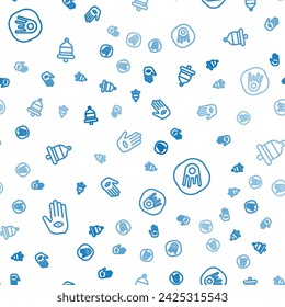 Set line Hamsa hand, Comet falling down fast and Ringing alarm bell on seamless pattern. Vector