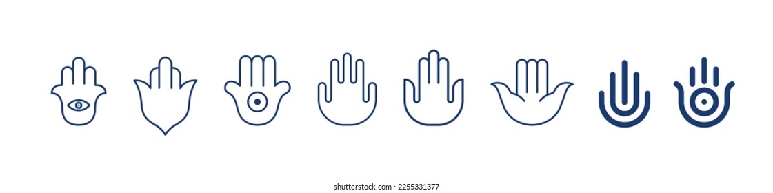 Set with line Hamsa hand or hand of Fatima religious amulet vector illustration.