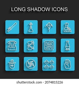 Set line Hamsa hand, Hindu swastika, Bamboo flute indian, Indian spice, symbol, Tandoori chicken, vase and  icon. Vector
