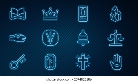 Set line Hamsa hand, Libra zodiac, Tarot cards, Neptune planet, Snake, Ancient magic book, Ringing alarm bell and King crown icon. Vector