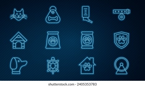 Set line Hamster wheel, Animal health insurance, Drinker for small pets, Bag of food, Dog house, Cat,  and collar with bone icon. Vector