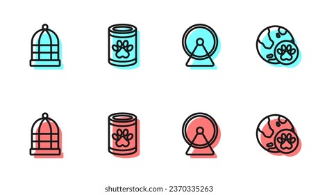 Set line Hamster wheel, Cage for birds, Canned food and World pet icon. Vector