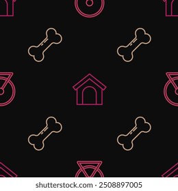 Set line Hamster wheel, Dog bone and house on seamless pattern. Vector