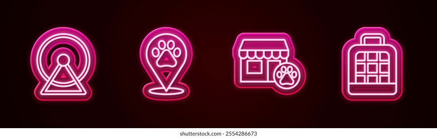 Set line Hamster wheel, Location veterinary, Veterinary hospital and Pet carry case. Glowing neon icon. Vector