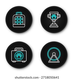 Set line Rueda de hámster, kit de primeros auxilios para mascotas, premio e icono de maletín de transporte. Vector