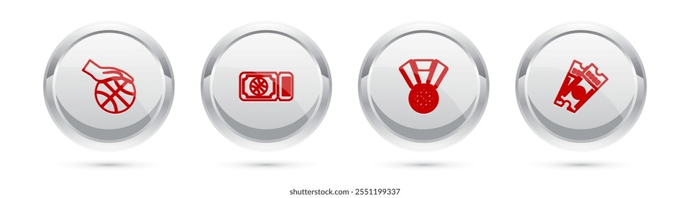 Set line Hand with basketball ball, Basketball game ticket, medal and . Silver circle button. Vector