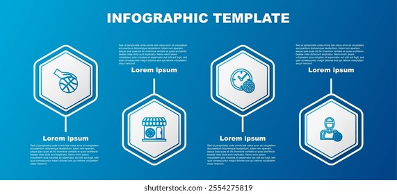 Set line Hand with basketball ball, Sports shop, Clock and Basketball player. Business infographic template. Vector