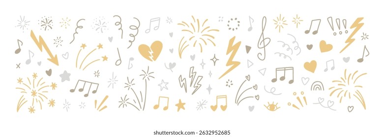 Set of line hand drawn doodle girly music design elements. Star, heart, bling, twinkle, spark rayon scribbles. Merry Christmas and Happy New Year, Music festival, concert gold and silver background