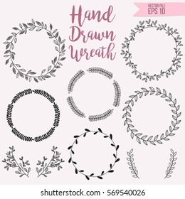 Set of line hand drawn floral wreath design collection for mobile apps, websites, wedding cards, invitations, frames, labels and other printed material.