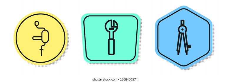 Set line Hand drill, Adjustable wrench and Drawing compass. Colored shapes. Vector