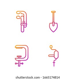 Set line Hand drill, Clamp and screw tool, Clamp tool and Shovel. Gradient color icons. Vector