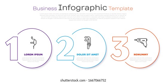 Ajuste el taladro de mano, la herramienta de abrazadera y la pistola de pegamento eléctrico caliente. Plantilla de infografía empresarial. Vector