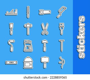 Set line Hand drill, Metallic nail, Paint brush, saw, Sledgehammer, Putty knife, Wood plane tool and Scissors icon. Vector