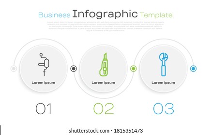 Set line Hand drill, Stationery knife and Adjustable wrench. Business infographic template. Vector