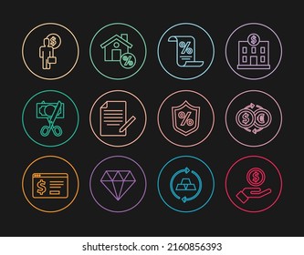 Set Line Hand Giving Money, Money Exchange, Finance Document, Document Pen, Scissors Cutting, Business Man Planning Mind, Loan Percent And House With Percant Discount Icon. Vector