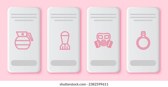 Fijar la granada de mano, la bomba de aviación, la máscara de gas y la botella de agua de Canteen. Botón rectángulo blanco. Vector