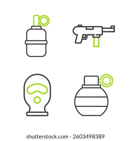 Set line Hand grenade, Balaclava, Submachine gun M3 and  icon. Vector