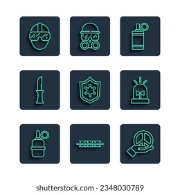 Set-Line Handgranate, Stacheldraht, Friede, Polizeischild, Militärmesser, Sonderstreitkräfte Soldat und Flasher Sirene Symbol. Vektorgrafik