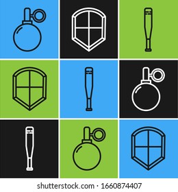 Set line Hand grenade, Baseball bat and Shield icon. Vector