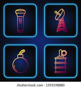 Set line Hand grenade , Bomb ready to explode , Flashlight  and Radar . Gradient color icons. Vector
