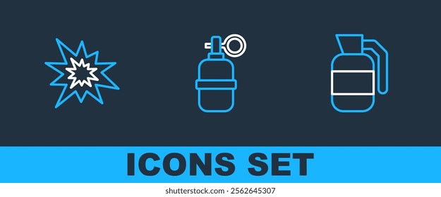 Set line Hand grenade, Bomb explosion and  icon. Vector