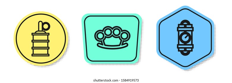 Set line Hand grenade , Brass knuckles  and Detonate dynamite bomb stick and timer clock. Colored shapes. Vector