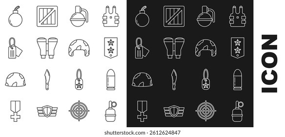 Set line Hand grenade, Bullet, Chevron, Binoculars, Military dog tag, Bomb ready to explode and helmet icon. Vector