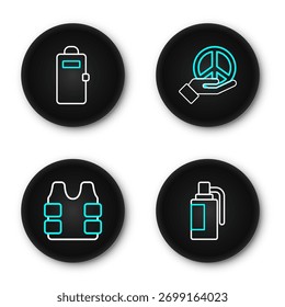 Set line Hand grenade, Bulletproof vest, Peace and Police assault shield icon. Vector