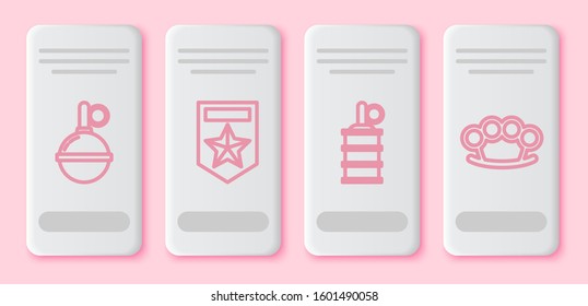Set line Hand grenade , Chevron , Hand grenade  and Brass knuckles . White rectangle button. Vector