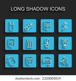 Set line Hand grenade, Chevron, Military dog tag, helmet, Rocket, Bullet, Biohazard bomb and reward medal icon. Vector