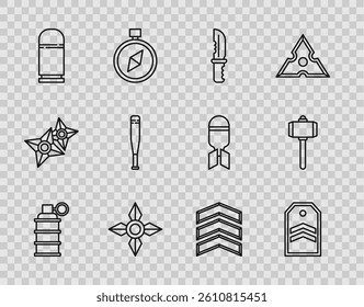Set line Hand grenade, Chevron, Military knife, Japanese ninja shuriken, Cartridges, Baseball bat, rank and Battle hammer icon. Vector