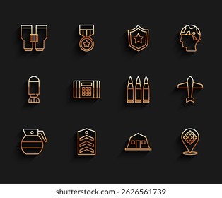 Set line Granada de mano, Chevron, Binoculares, Cuartel militar, Deporte objetivo, Bomba de dinamita, Jet fighter e icono de bala. Vector
