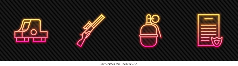 Fijar la granada de mano, la vista del colimador, la pistola de caza y el certificado de licencia de armas de fuego. Icono de neón brillante. Vector
