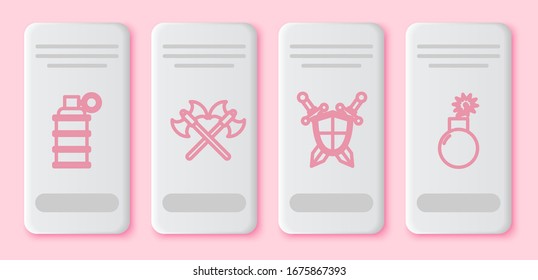 Set line Hand grenade, Crossed medieval axes, Medieval shield with crossed swords and Bomb ready to explode. White rectangle button. Vector