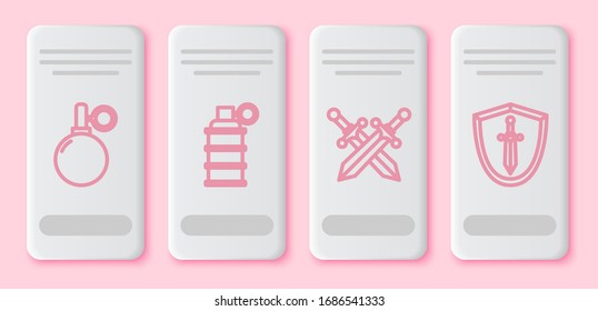 Set Linie Handgranate, Handgranate, mittelalterliches Schwert überquert und mittelalterliches Schild mit Schwert. Weiße Rechtecktaste. Vektorillustration