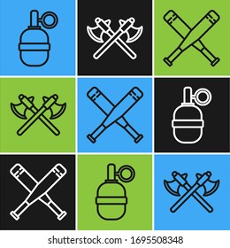 Set line Hand grenade, Crossed baseball bat and Crossed medieval axes icon. Vector