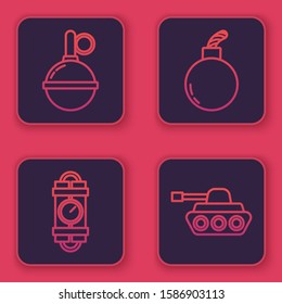 Set line Hand grenade , Detonate dynamite bomb stick and timer clock, Bomb ready to explode  and Military tank . Blue square button. Vector